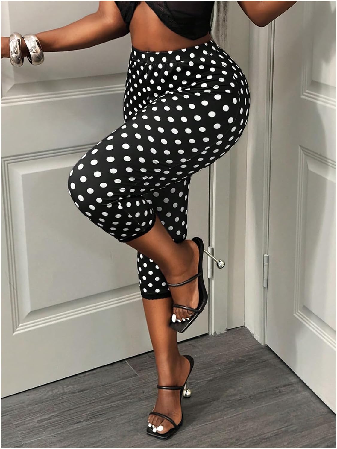 MakeMeChic Women's Polka Dots Capri Pants Elastic High Waisted Cropped Leggings - Image 2