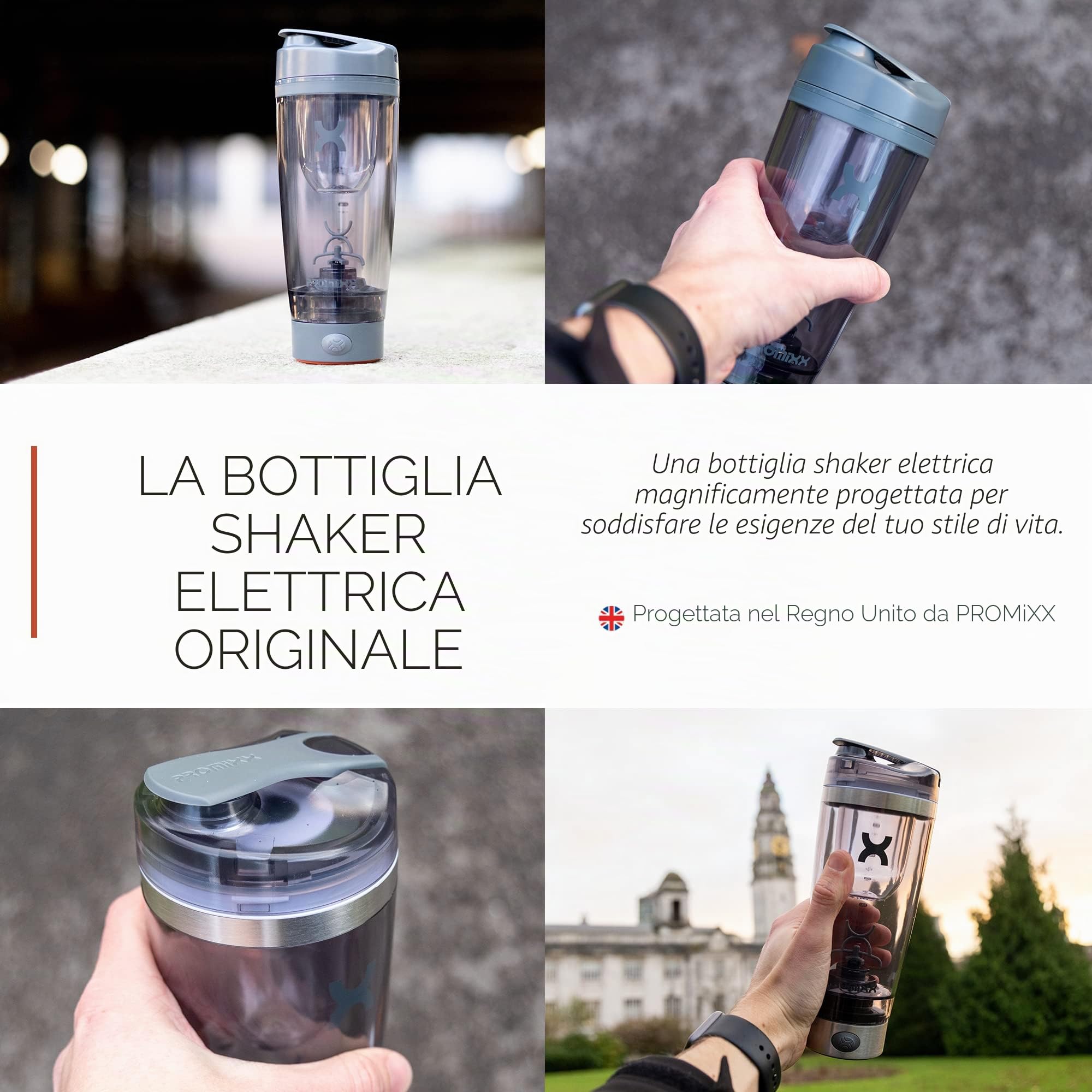 Promixx Pro Shaker Bottle - Ricaricabile, Potente per Frullati Proteici Lisci - Includere Deposito di Proteine - senza BPA - Tazza da 600 ml (Grigio Cool)