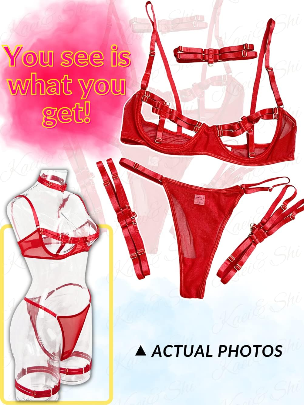 Kaei&Shi Glow Under Black Light, Party Boudoir Outfits, 4PC Peekaboo Lingerie
