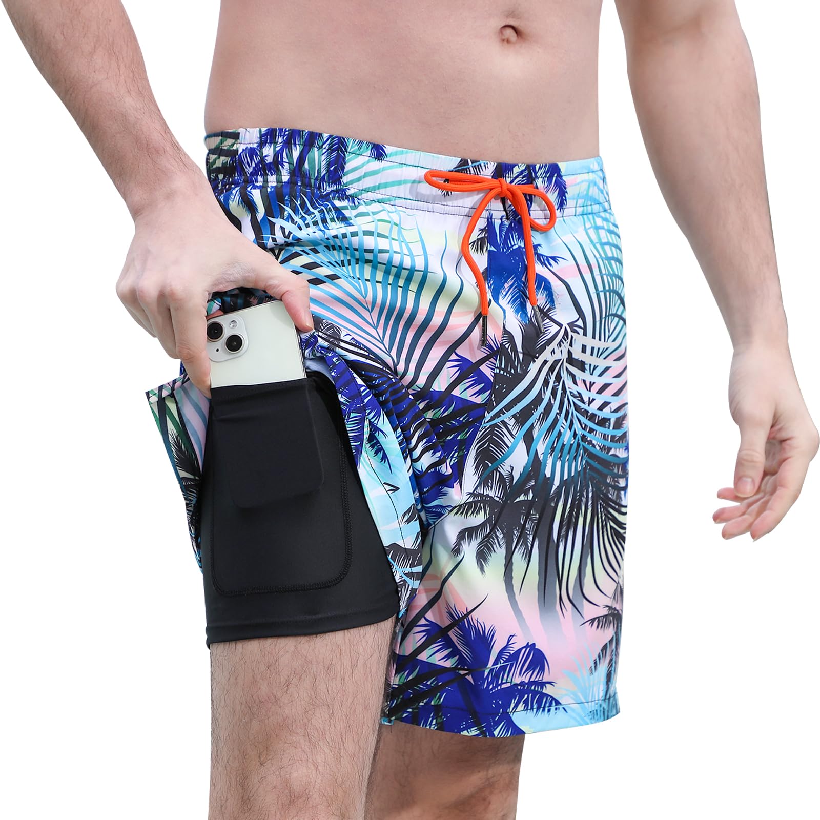 Cagola Mens 5/7" Ineseam Swim Trunks with Compression Liner 2 in 1 Bathing Suit Swimwear with Zip Pockets UPF50+ Board Shorts