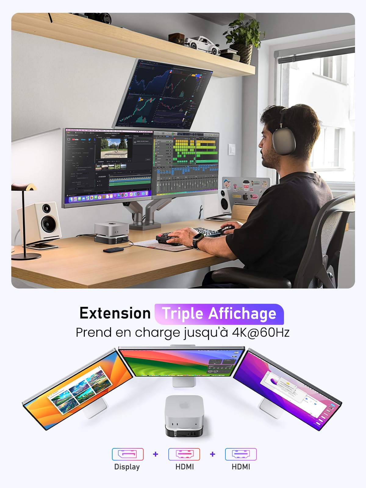 Lemorele Station d’Accueil pour Mac Mini M4, SSD NVMe, HDMI + DP 4K@60Hz