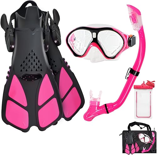 Kids Snorkeling Set Children Mask Fin Snorkel Set Snorkeling Gear Snorkel Mask + Adjustable Swimming Kids Flippers+ Dry Snorkel Tube + Travel Bags
