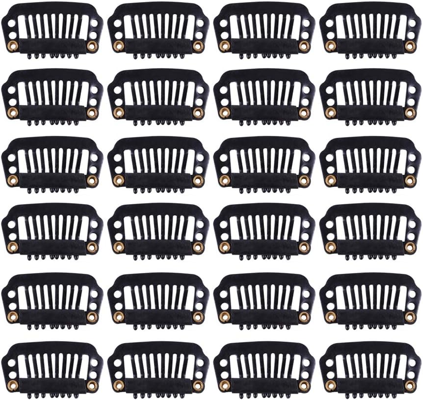 YANTAISIYU 24pcs/28mm 8-teeth Metal Wig Clips with Rubber Snap Clips for Wig Hairpiece Hair Extension Accessories (Black)