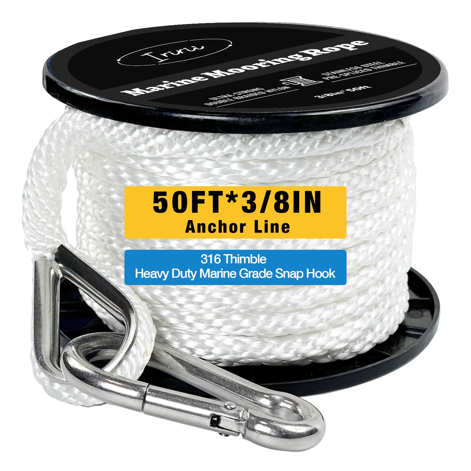 Double Braided Nylon Boat Anchor Rope 3/8inch with 316 Stainless Steel Thimble and Heavy Duty Snap Hook Marine Grade Anchor line Black (White, 50Feet)