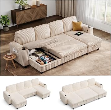 LINSY HOME Modular Sectional Sofa Bed, U Shaped Sleeper Sofa Couch with Storage Chaise, Corduroy Sectional Couches for Living Room, Versatile Armrest, 4 Seats, Beige, 106" W x 55" D x 34" H