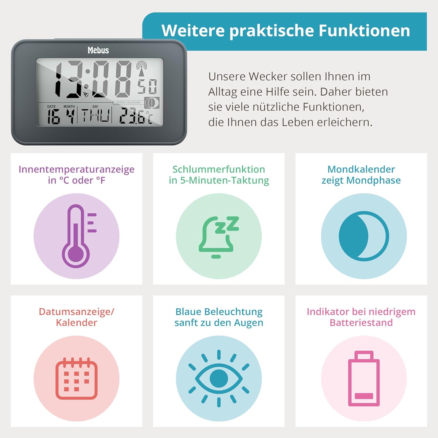Mebus Digital Radio Alarm Clock display showing various features including temperature, snooze icon, moon calendar, date, and low battery indicator.