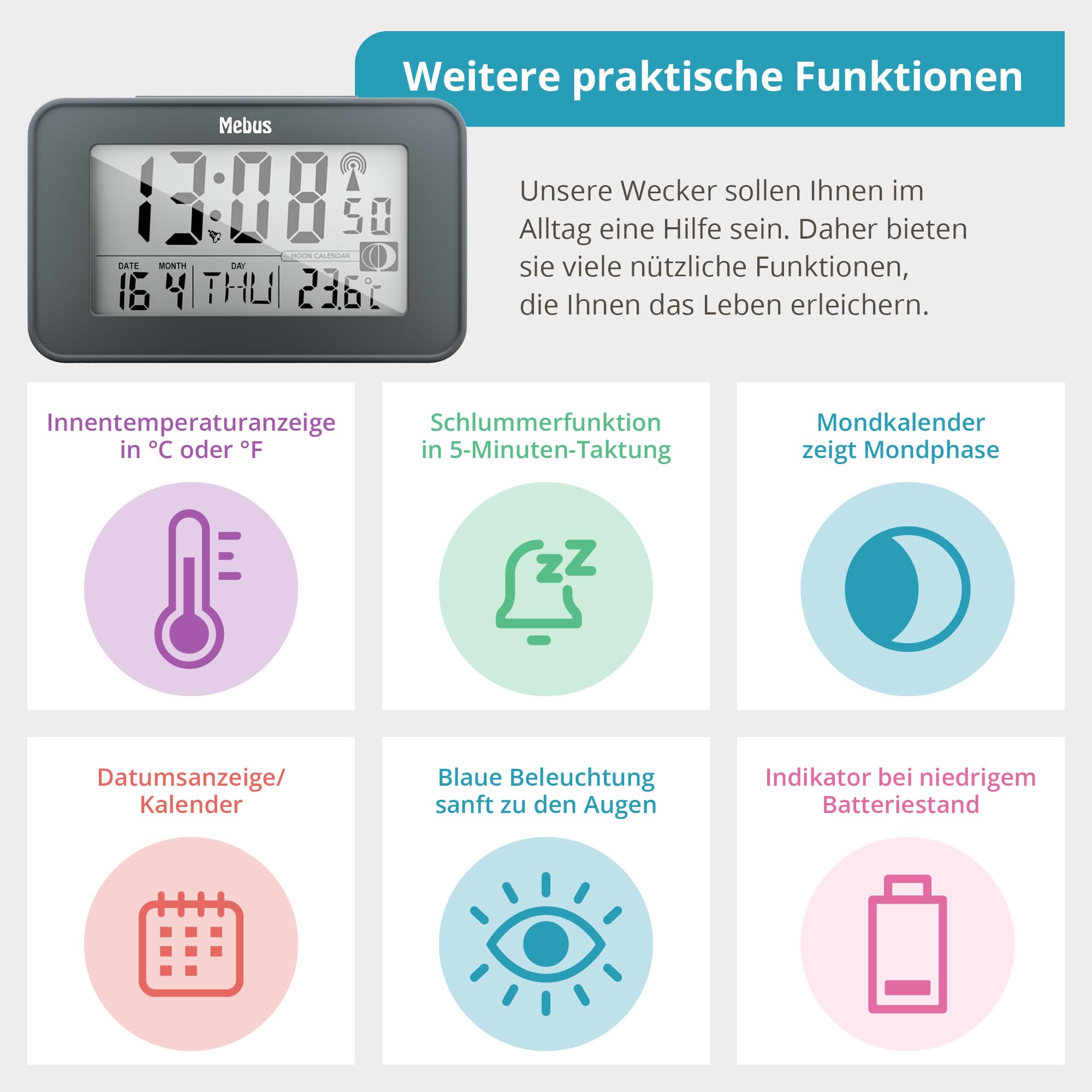 MEBUS digitaler Funk-Wecker mit Mondkalender, Beleuchtung, Innenthermometer, Schlummer-Funktion/Material: Kunststoff/Farbe: Grau/Modell: 51460