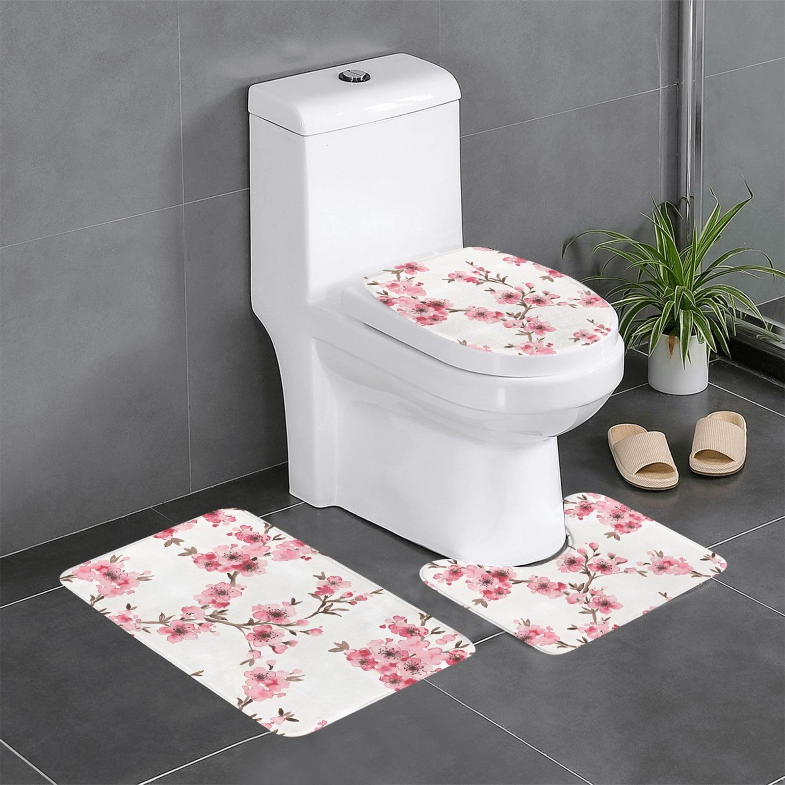 Tapis de bain absorbants à motif fleurs de cerisier, lot de 3 idéal pour maison, spa et hôtel