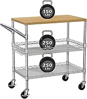 BolDuckDirect 3-Tier Rolling Kitchen Cart on Wheels, 650lbs Heavy Duty Utility Cart with Wood Top, Storage Shelves & Hooks for Kitchen Island