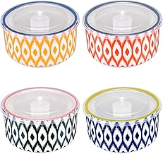 Miicol Ceramic Bowls Set with Lids, Porcelain Food Storage Containers, Porcelain Prep Bowls for Kitchen, Microwave & Dishwasher Safe, Assorted Patterns, 23 Ounces, Set of 4
