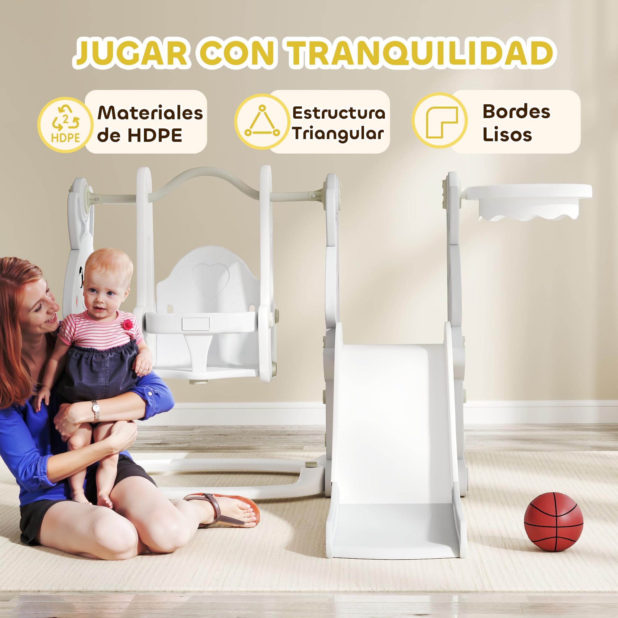 AIYAPLAY Tobogán Infantil 4 en 1 Columpio y Tobogán Trepador Aro de Baloncesto Temática de Conejo Parque Infantil para Interior y Exterior Gris y Blanco