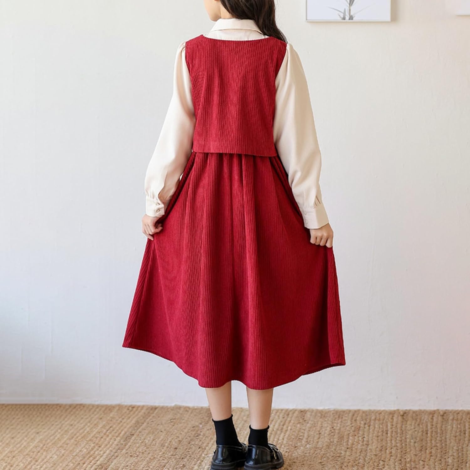 Girls Corduroy Overall Dress Teen 2 Piece Long Sleeve Button Down Dresses Set Spring Fall Casual Vintage Clothes Outfit