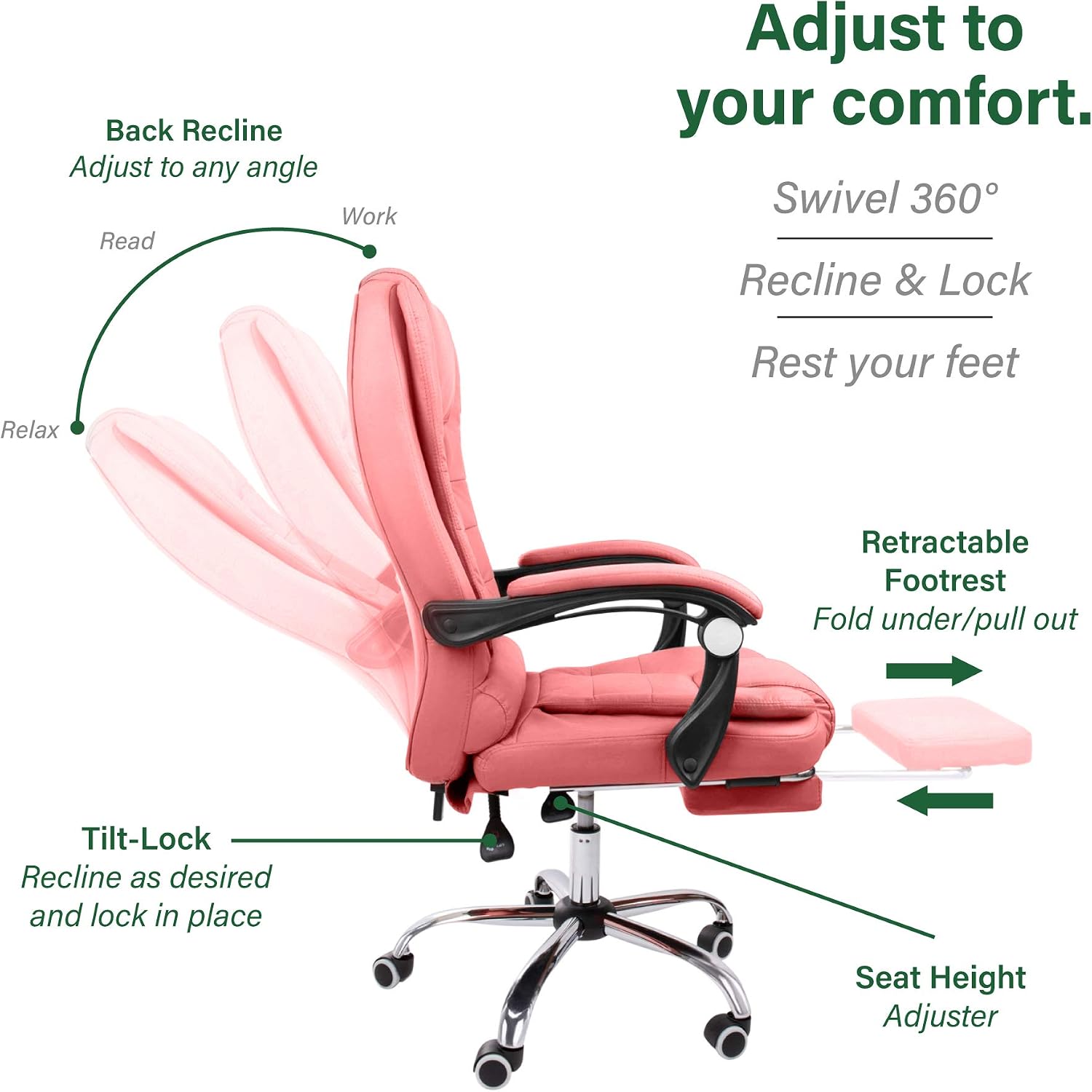 Halter Reclining Leather Office Chair - Modern Executive Adjustable Rolling Swivel Chair Headrest with Retractable Footrest (Pink)