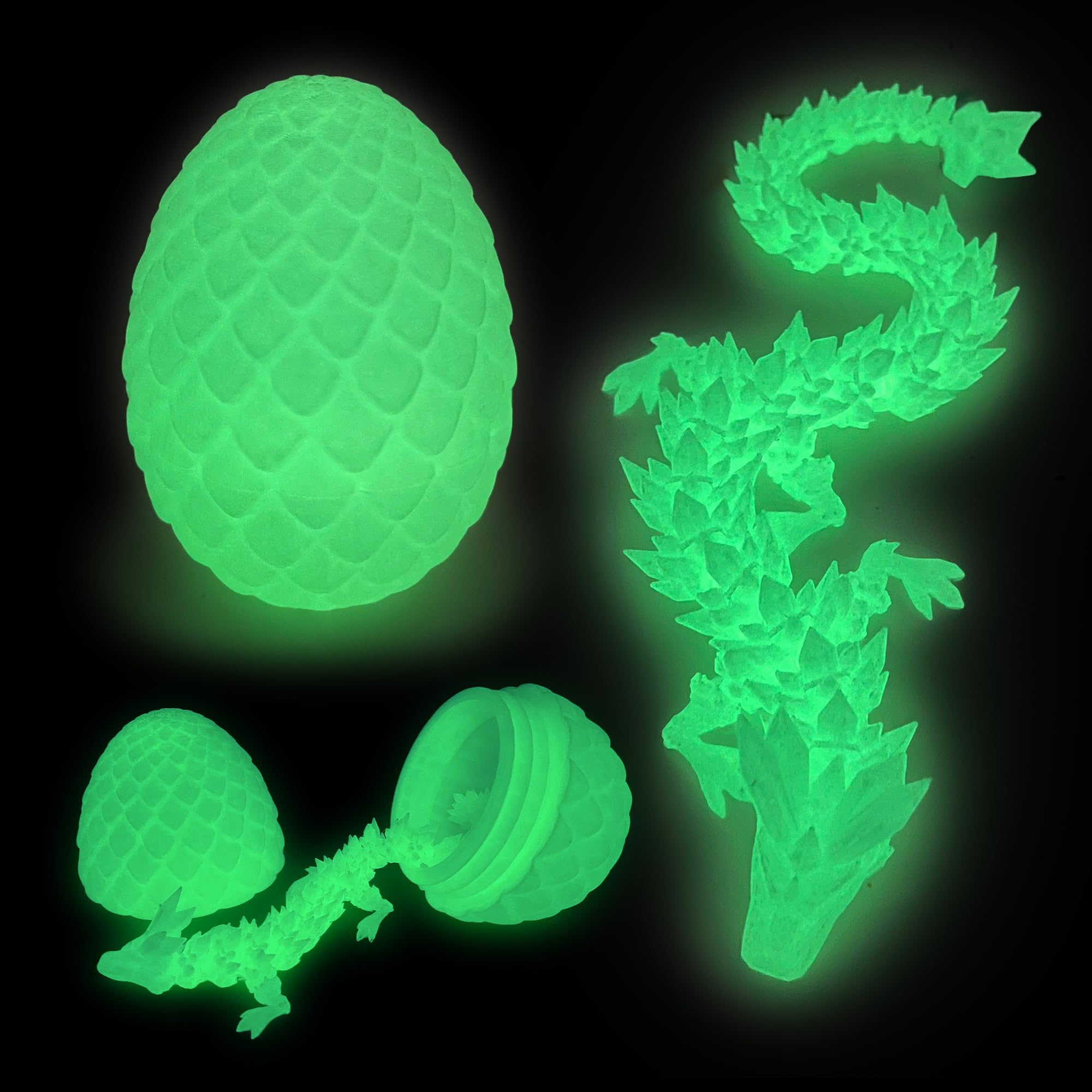 Flavery 3D Printed Dragon Egg - Tricolor with Flexible Crystal Dragon Inside, Colorful Fidget Toy, Birthday Gift, Desk Pet - 12' Glow Green