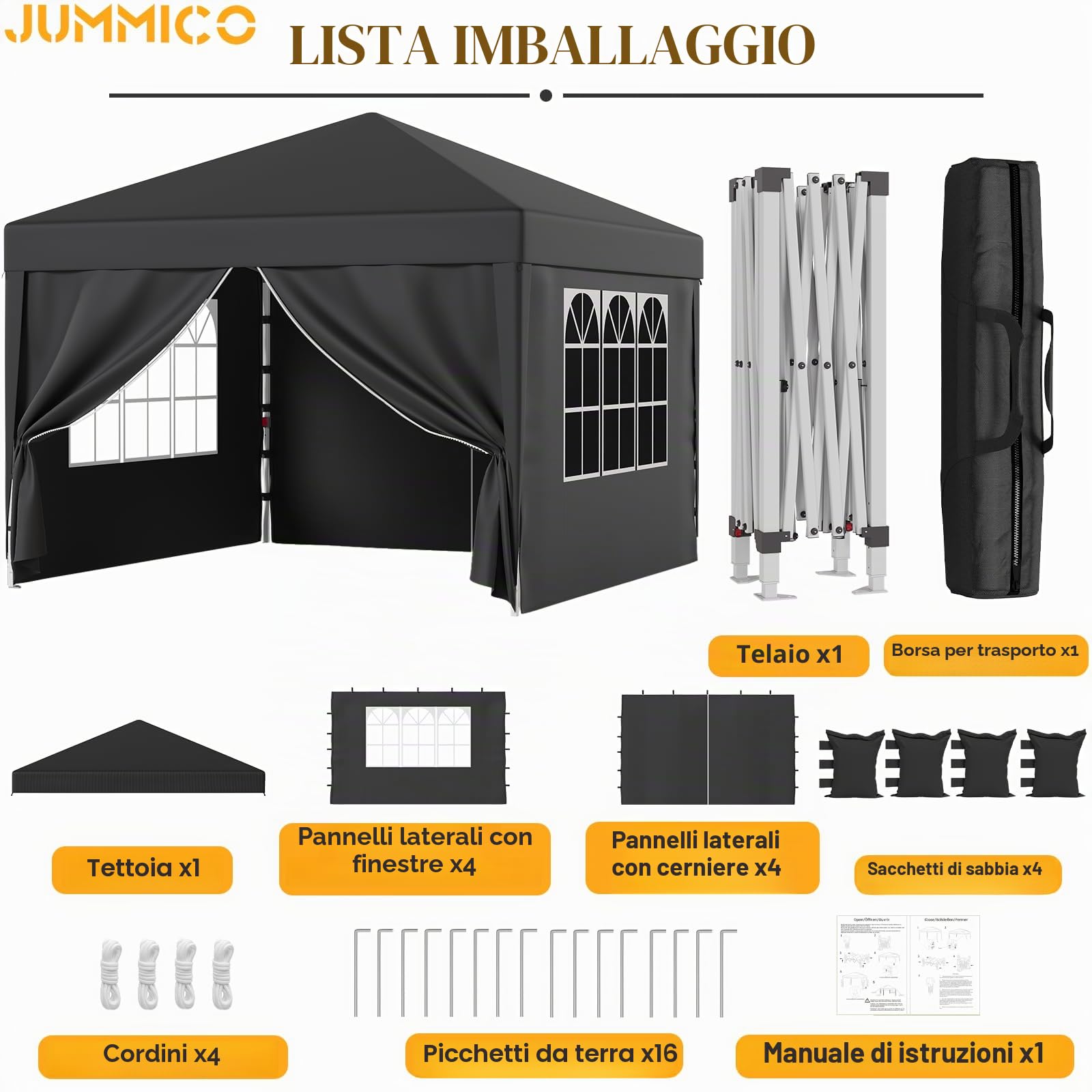 JUMMICO Gazebo 3x3m Pieghevole, Altezza Regolabile, Struttura Stabile, Copertura Esterna Resistente e Impermeabile, con Pareti Laterali, con 4 Sacchi di Sabbia di Peso e Sacca da Trasporto, Grigio
