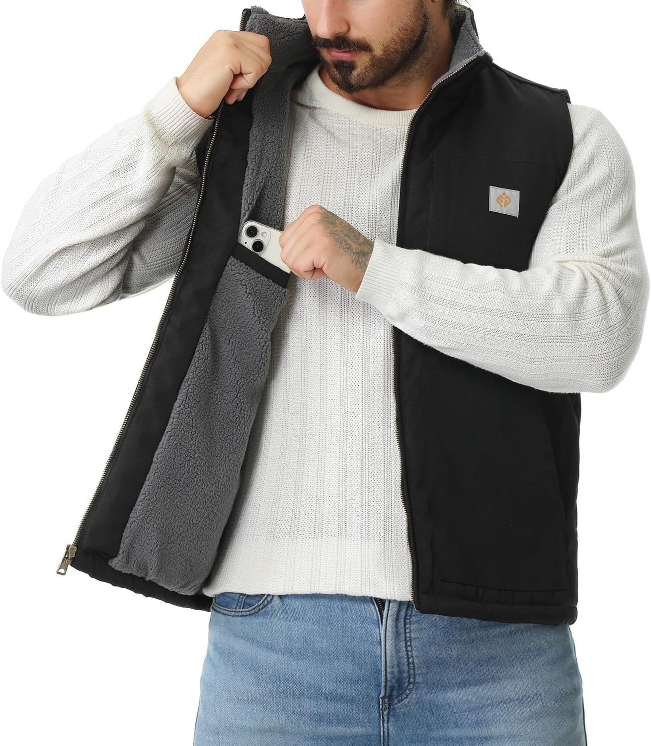 Men's Loose Fit Washed Duck Fleece-Lined Waterproof Workwear Mock-Neck Vest - Image 3