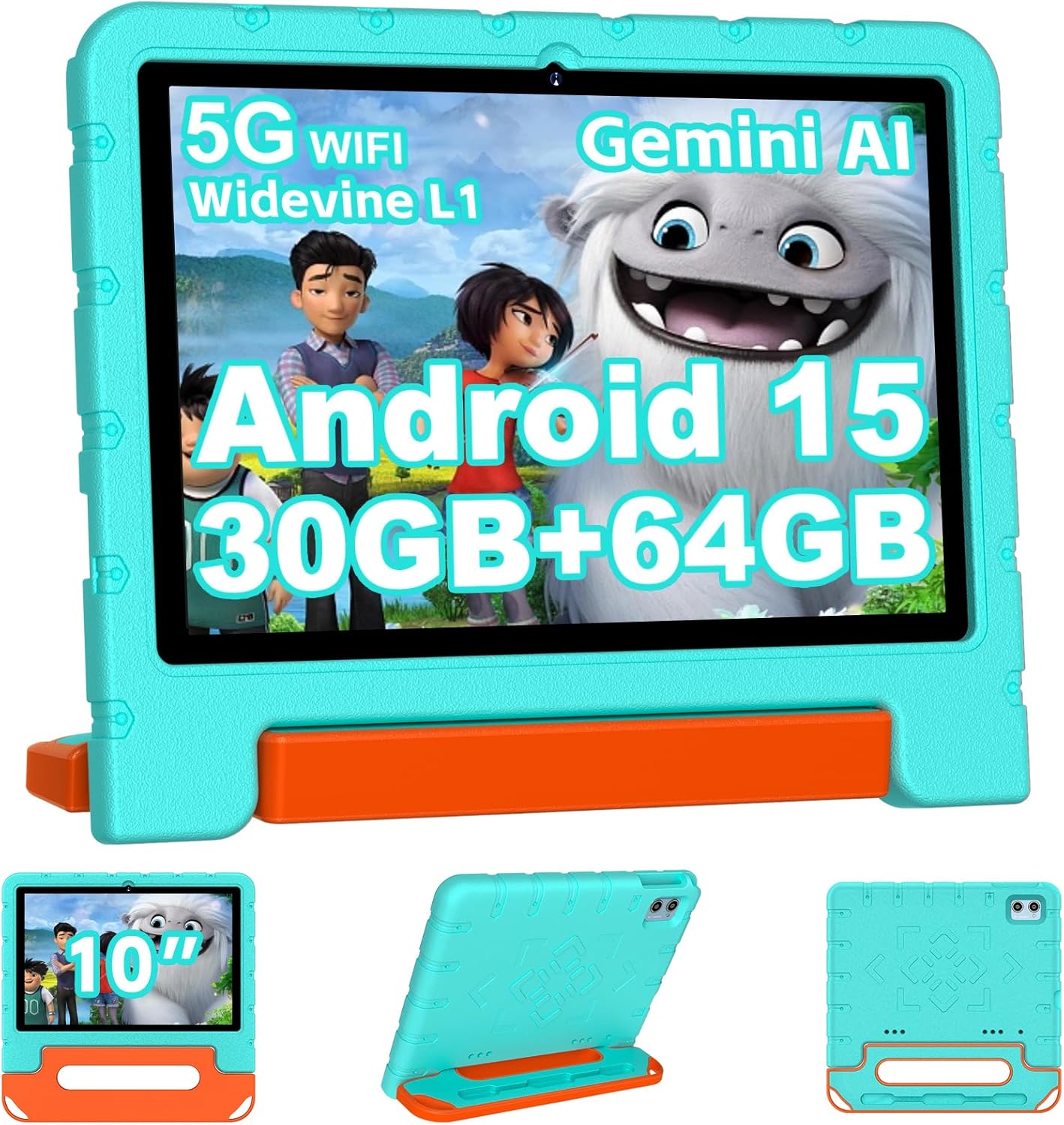 Front view of the ZIOVO 10-inch Kids Tablet in its green shockproof case.