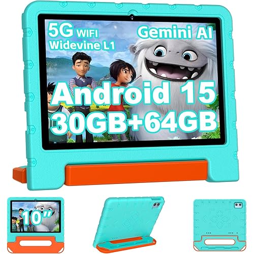 2025 Kids Tablet 10 inch Android 15 Tablets for Kid Octa-Core, 30GB+64GB (TF 1TB), Toddler Tablet with Shockproof Case, 5G WiFi, Parental Control, Widevine L1, Gemini AI, Split Screen, BT5.0-Green
