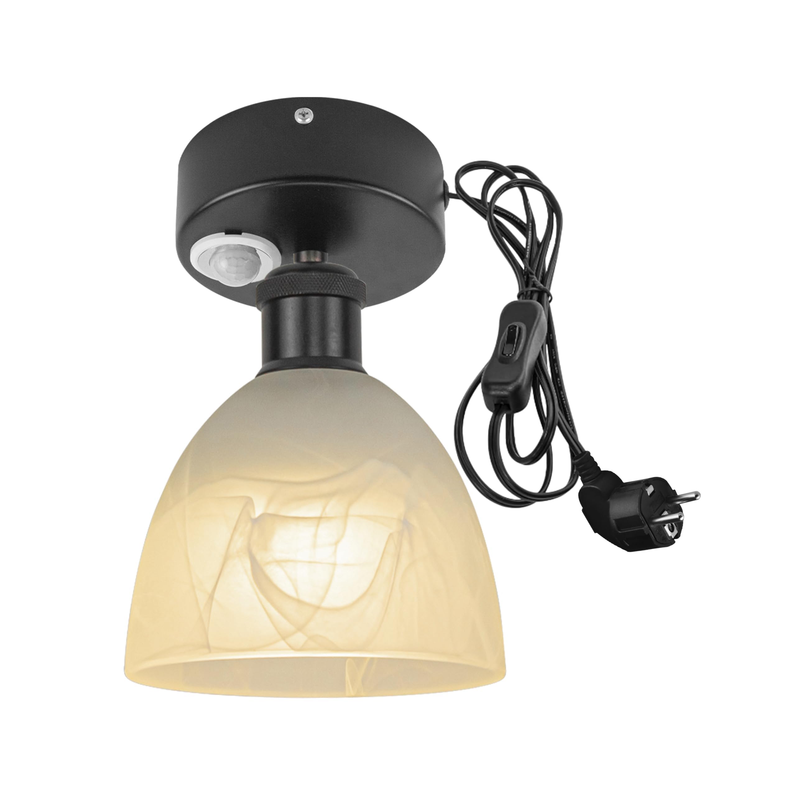 Plafoniera con sensore di movimento interno, moderna lampada da soffitto in vetro smerigliato, sensore di movimento radar con cavo da 4,5 m e portalampada E27, per corridoio, bagno, scale,