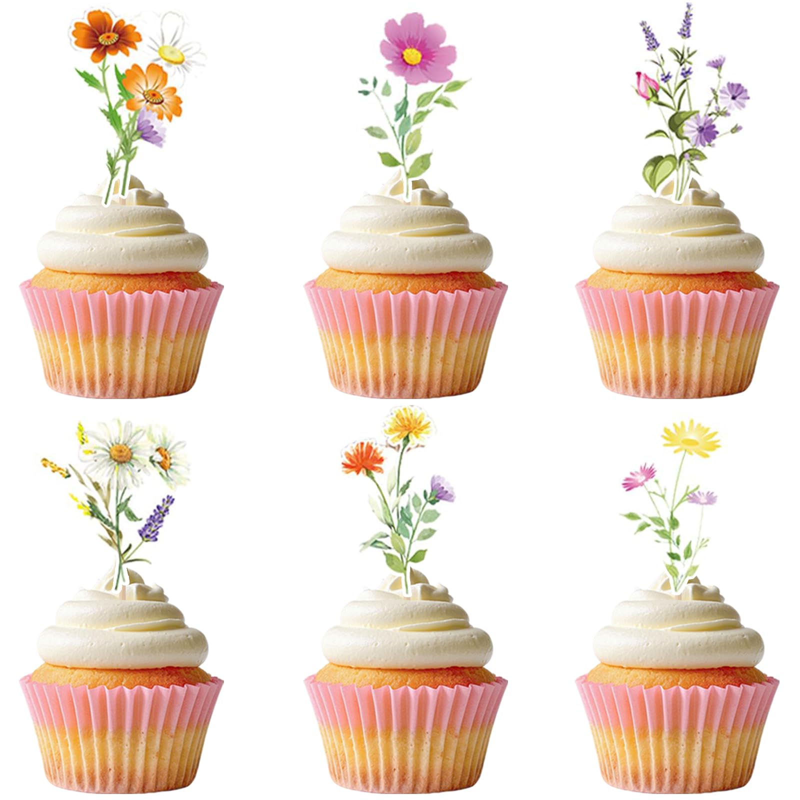 48PCS Wildflower Cupcake Toppers Birthday Party Baby Shower Baby In Bloom Decoration Cake Decor Flower Cake Toppers for Women Bridal Shower Wedding Party Decorations (48pcs Style4)