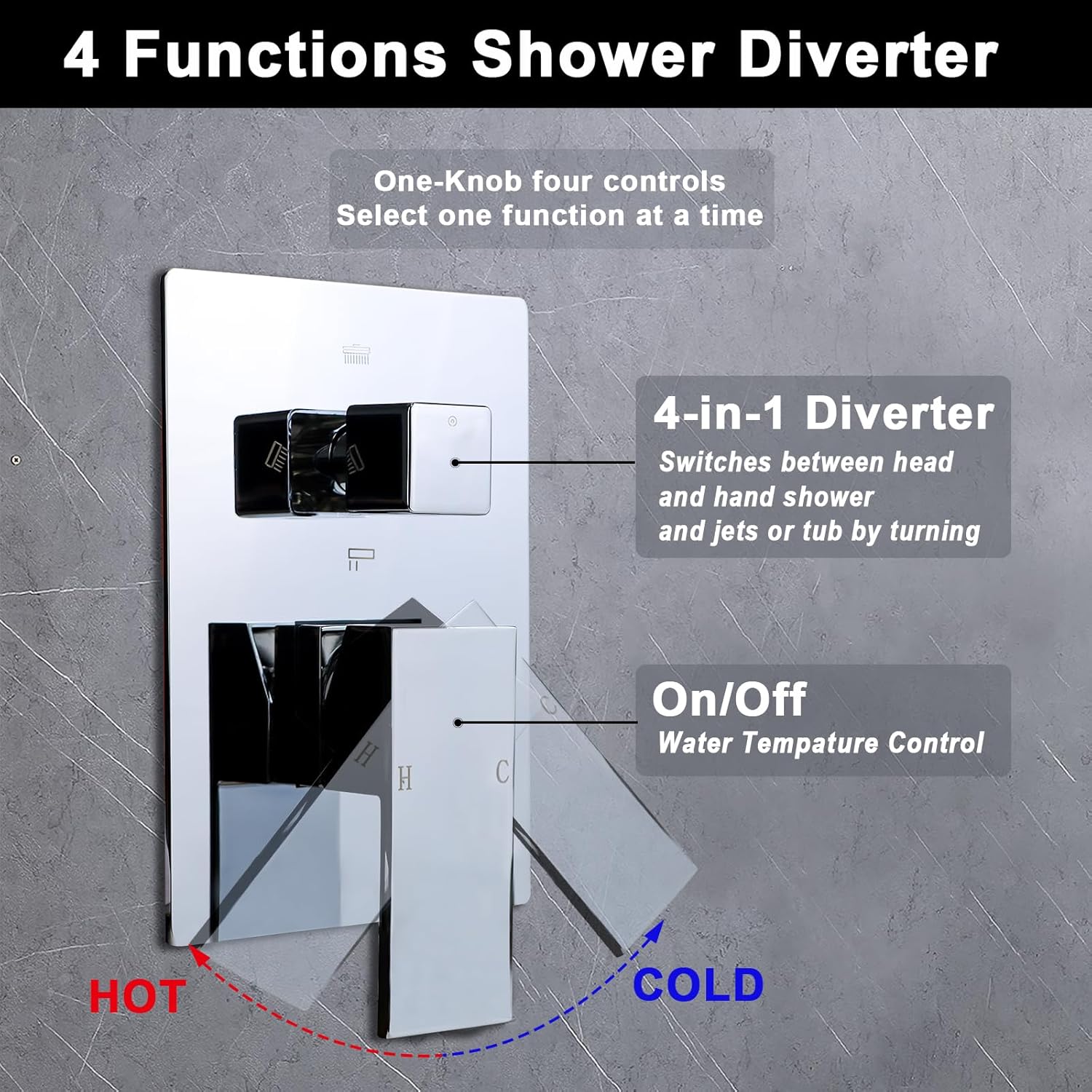 Enga 4 Function Shower Mixer Valve Kit, 4 Way Outlet Bathtub Water Control Valve Wall Mount Shower Faucet Bathroom Trim Kit, Chrome