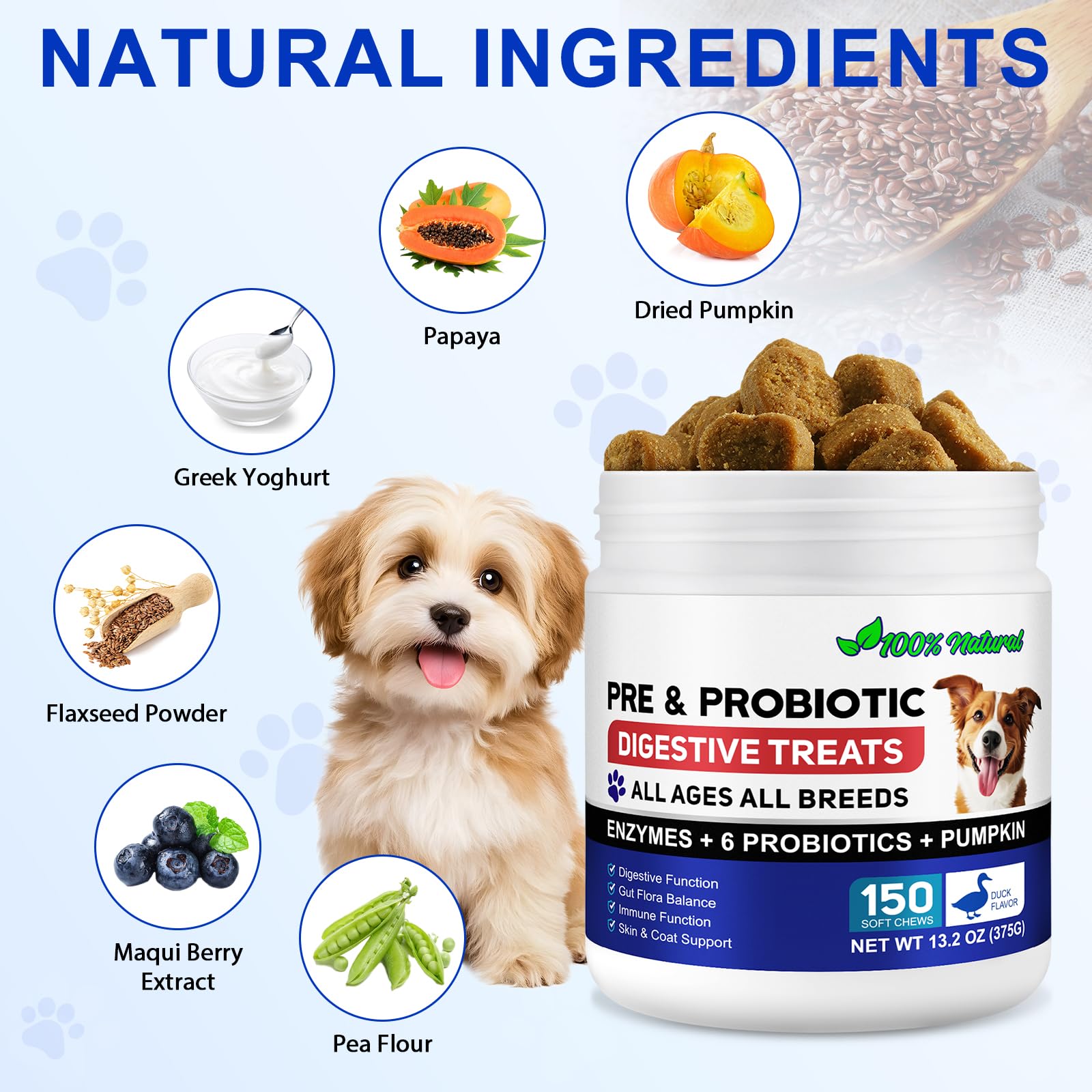 Probióticos para perros, 150 probióticos para la salud intestinal de los perros, pre y probióticos para el apoyo a la salud digestiva del perro, aumenta la salud intestinal y la inmunidad, sabor a