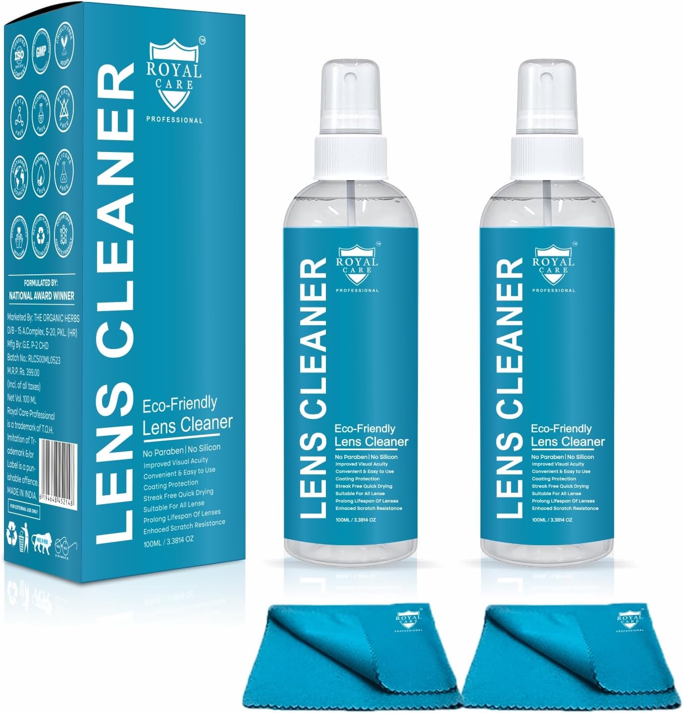Royal Care Lens Cleaner Spray 100 ML Pack Kit โ Professional Lens Cleaner Spray with Microfiber Cloths โ Best for Eyeglasses, Cameras, and Lenses - Safely Cleans Fingerprints, Dust, Oil (Pack of 2)