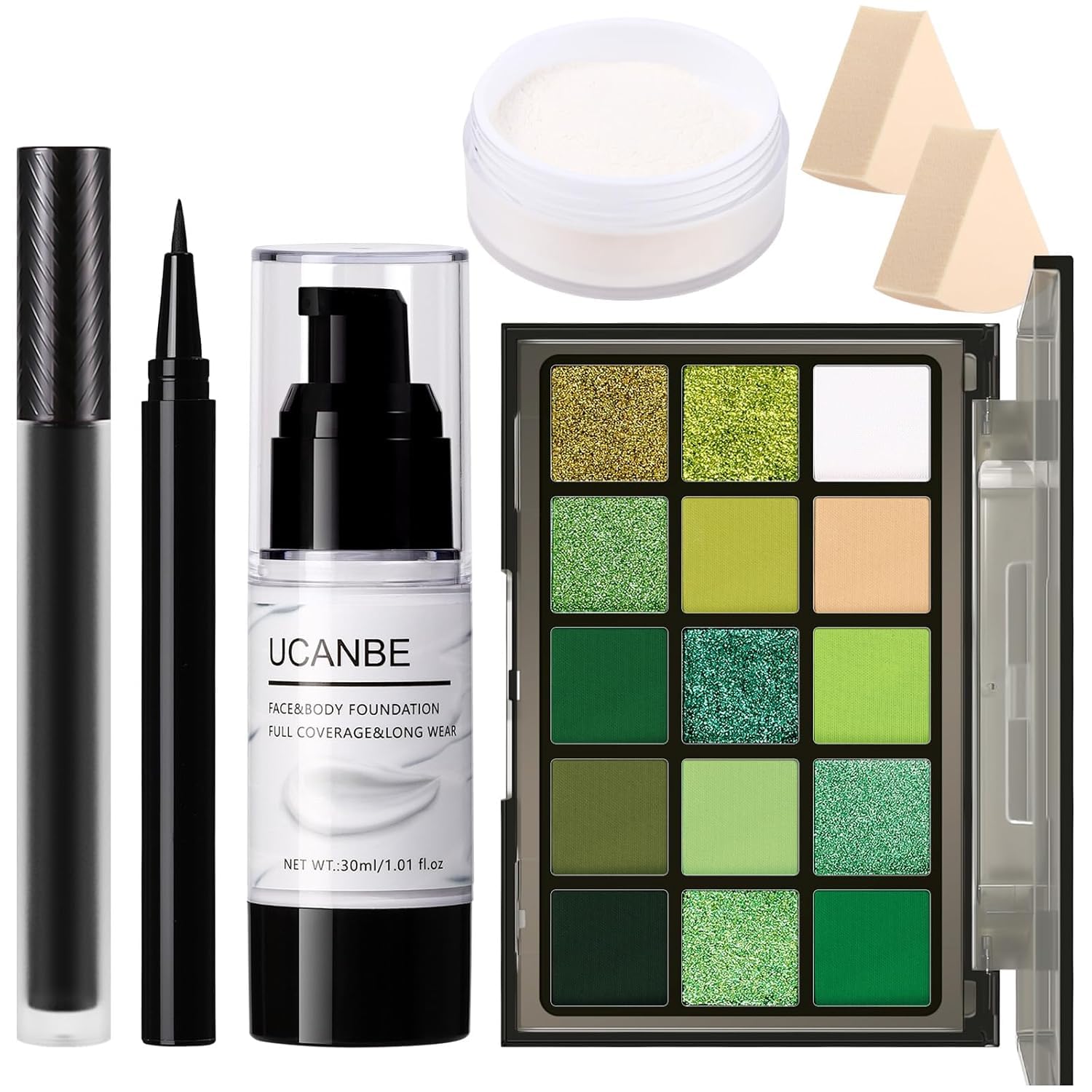 UCANBE Halloween Makeup Kit – 15-Color Green Eyeshadow Palette, White Liquid Foundation, Black Liquid Lipstick & Eyeliner, Setting Powder & Sponges Makeup Set for SFX Cosplay Costume Witch Monster Global Recycled Standard Global Recycled Standard Global Recycled Standard