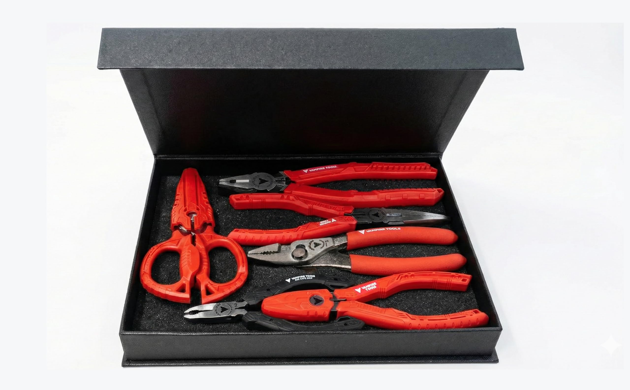 6-Piece Screw Extractor Pliers & Scissors Tool Gift Set. High Carbon Steel. Made in Japan: 8" Linesman, 7.5" Long Nose, 7" Slip-Joint, 6.25", 5" ESD Safe Grip Pliers + Utility Scissors