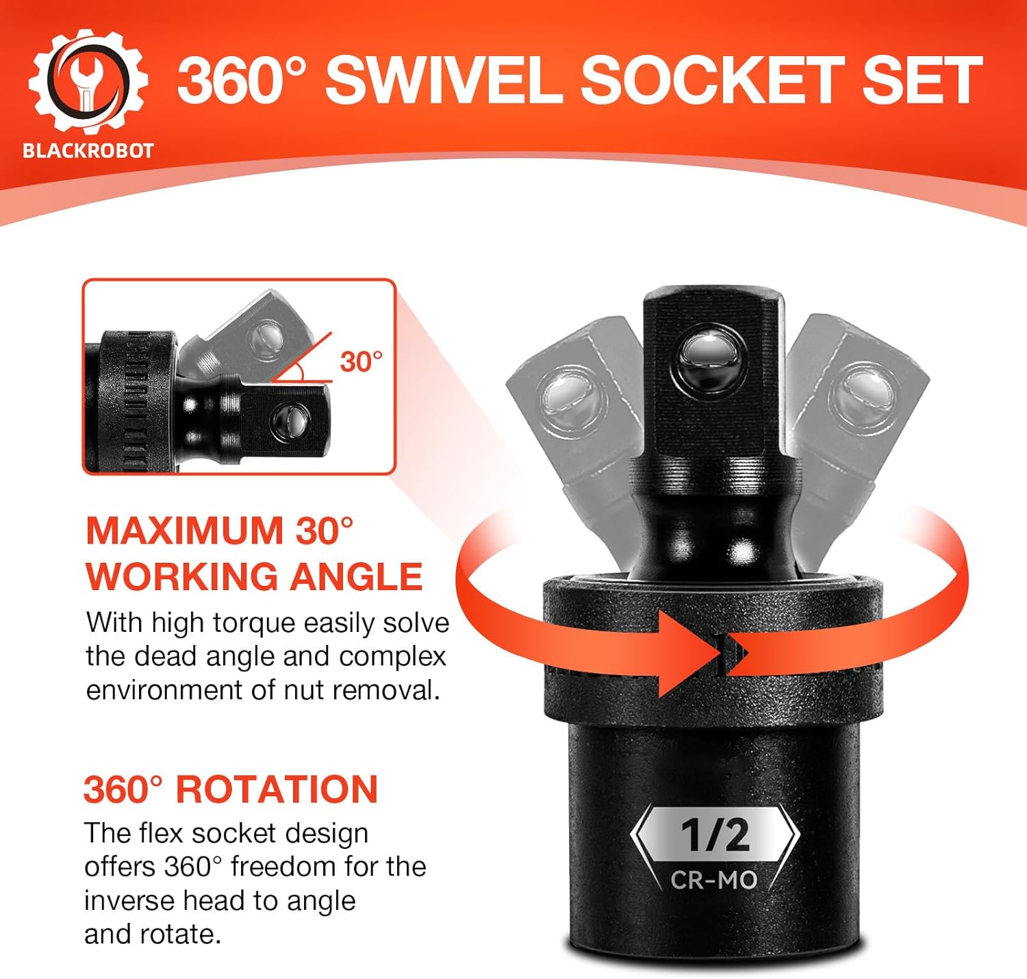 BLACKROBOT 6PCS Impact Swivel Socket Set with Drill Adapter, 1/2" 1/4" 3/8" Drive Universal Joint Socket, Premium Cr-Mo Steel Full Impact Grade Wobble Socket Set