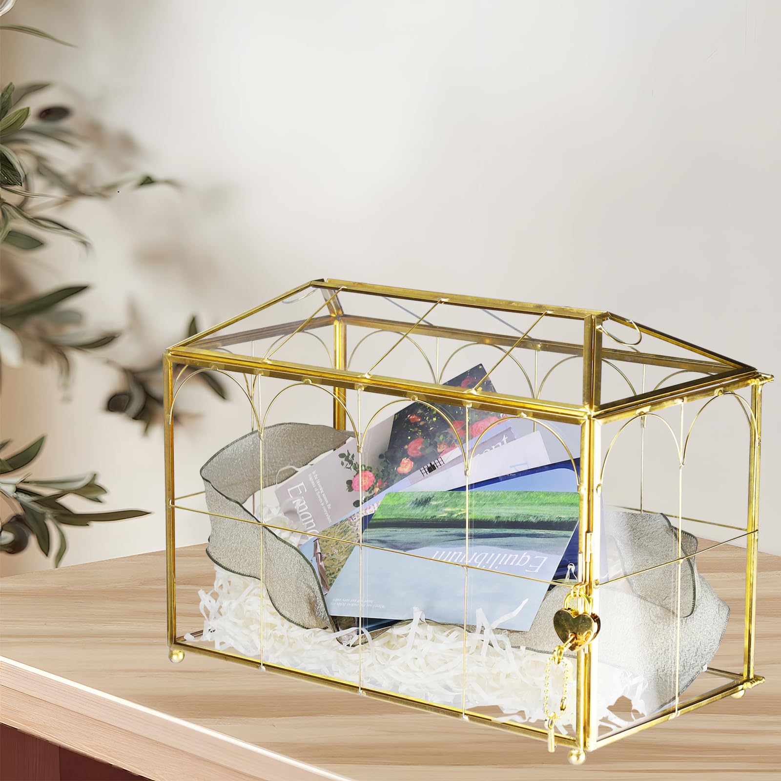 HighFree Hochzeitskarten-Glasbox mit Schlitz & Schloss, extra großes handgefertigtes geometrisches Terrarium, goldklare Display-Glaskarten-Box mit dekorativen Linien, für Hochzeitsempfang, Wunschgut,