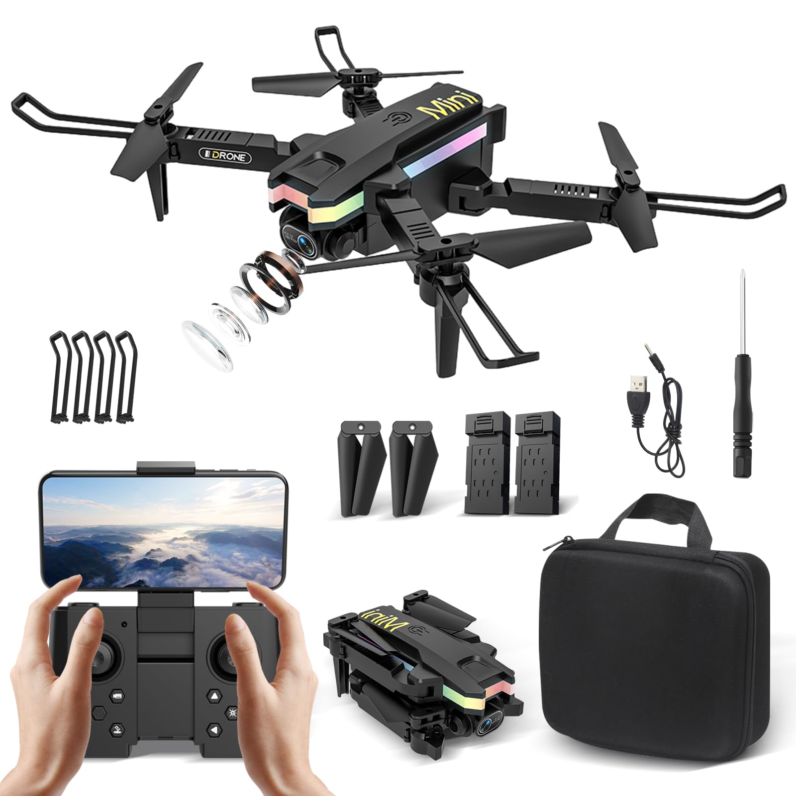 Drone com Câmera 4K Dupla, 60 Min de Voo, Motor Sem Escova, Dobrável, Controle por App,
