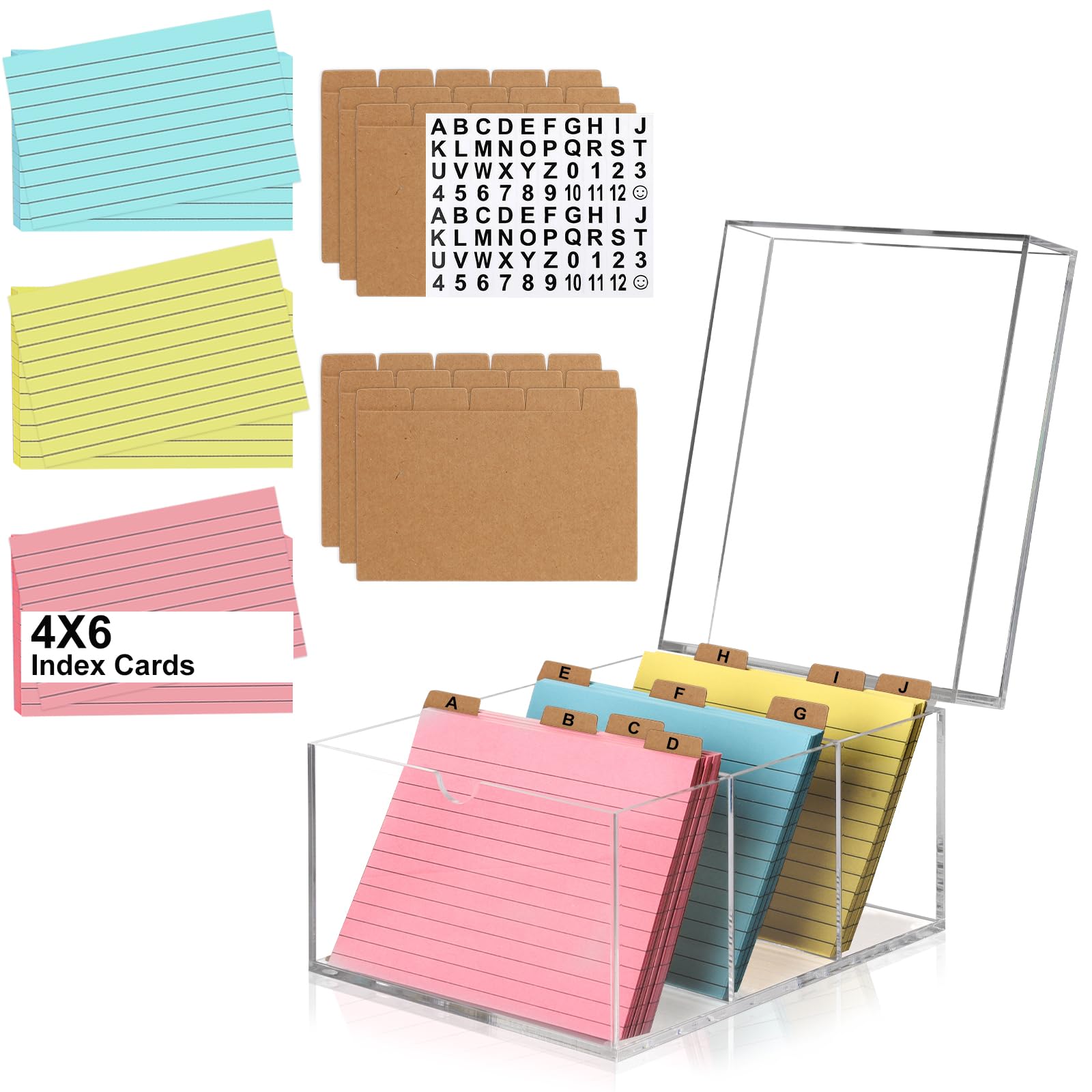 4x6 Index Card Holder Acrylic Index Card Organizer Clear Index Card Box Flash Card Holder with 5 Index Card Dividers Recipe Cards Holder Notecard