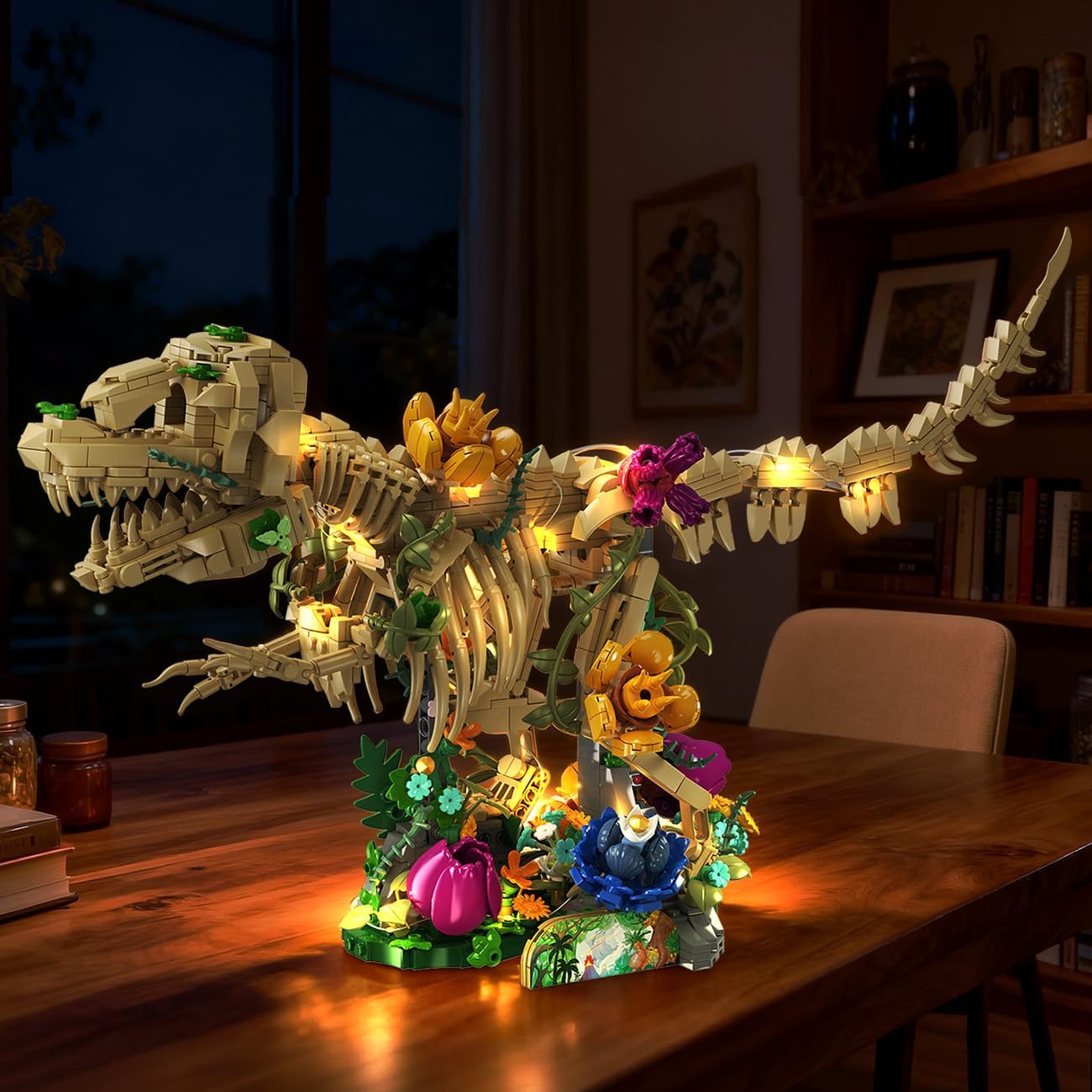 Assembled dinosaur model with LED lights illuminated in a dim room