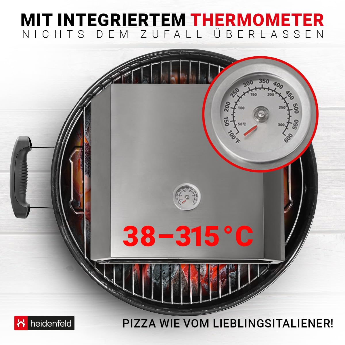 Heidenfeld Pizzaaufsatz Roma | Grillaufsatz - Pizzamaker - Edelstahl - 315°C - Thermometer inklusive - Pizzabox - integrierter Pizzastein - für Holzkohlegrill und Gasgrill - Pizza Maker