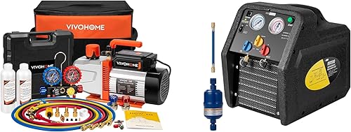 VIVOHOME Serie VG - Juego de bomba de vacío y medidor de CA, 1 HP 9.6CFM Bomba de vacío HVAC de 2 etapas y kit de manómetro múltiple de 4 vías