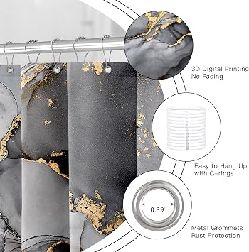 Black Grey Marble Modern Abstract Shower Curtains for Bathroom, 72x72