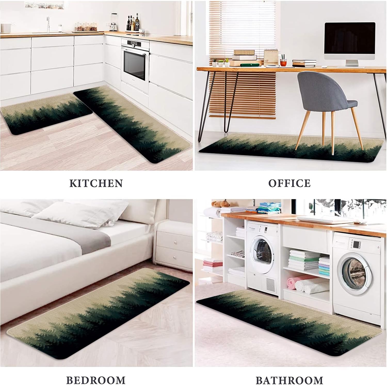 Farmhouse Kitchen Rugs Sets of 2,Misty Forest Nature Plant Tree Kitchen Mat for Floor, Green White Non-Slip Washable Sink Mats Kitchen Decor Doormat+Runner Rug