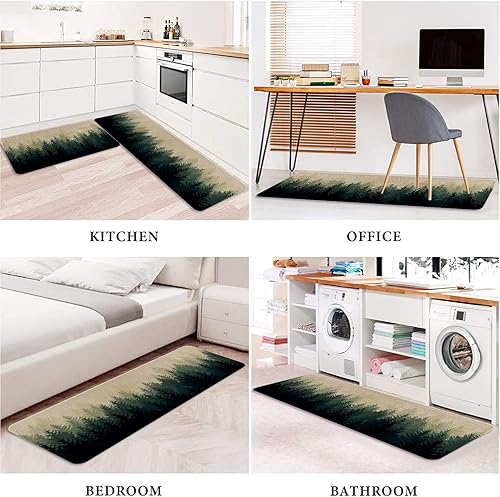 Miniatura 5 de Juego de 2 alfombras de cocina de granja, bosque brumoso, naturaleza, árbol de cocina, tapete para piso, verde y blanco, antideslizante, lavable,
