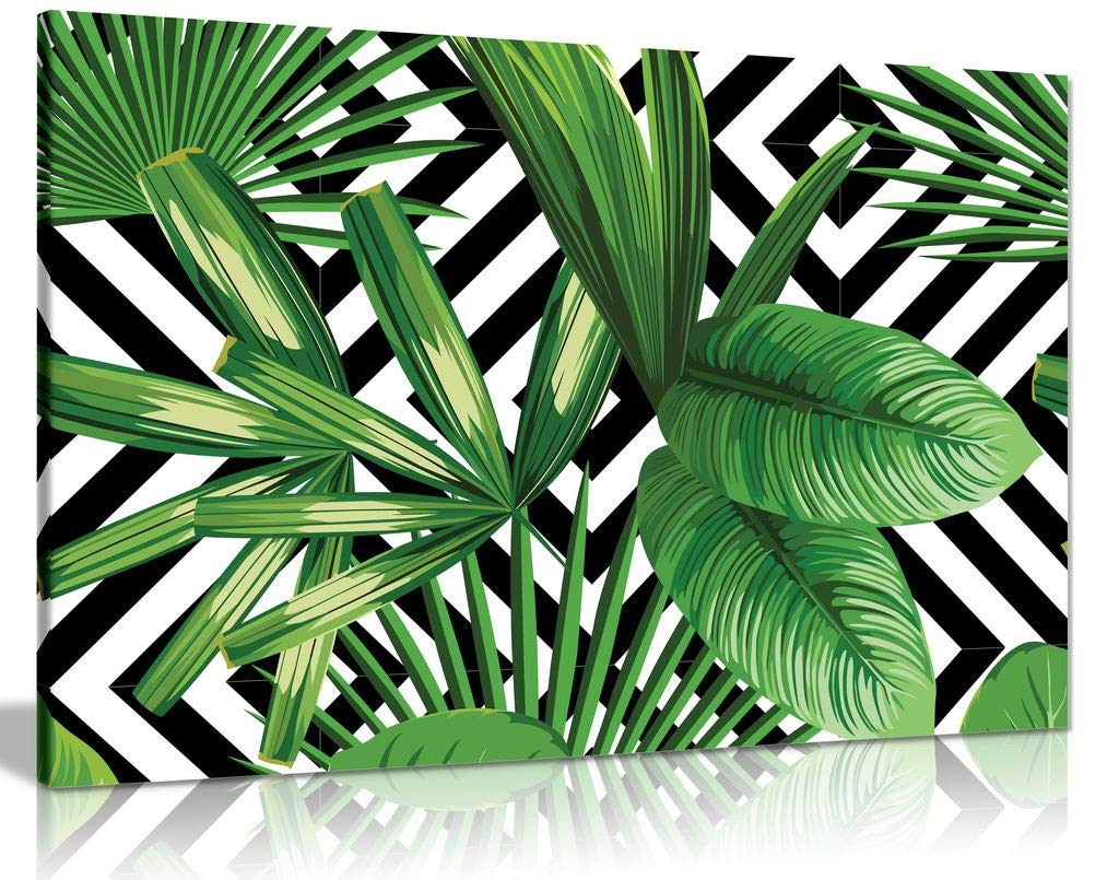 Exotic Jungle Leaves Black & White Geometric Botanical Canvas Wall Art Picture Print (24x16)
