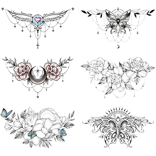 GLARYYEARS Tatuajes temporales en el pecho debajo del pecho para mujeres y niñas, paquete de 6 calcomanías negras falsas realistas de gran duración