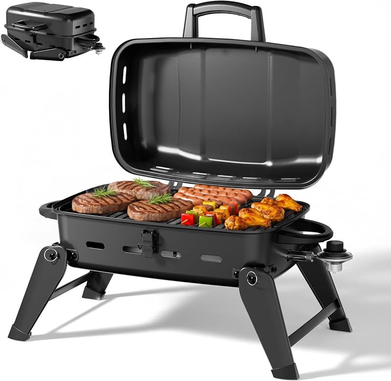 10,000 BTU Portable Gas Grill, Outdoor Compact Tabletop BBQ Small Propane Grill with Foldable Legs for RV, Hiking, Camping, Patio, Tailgating
