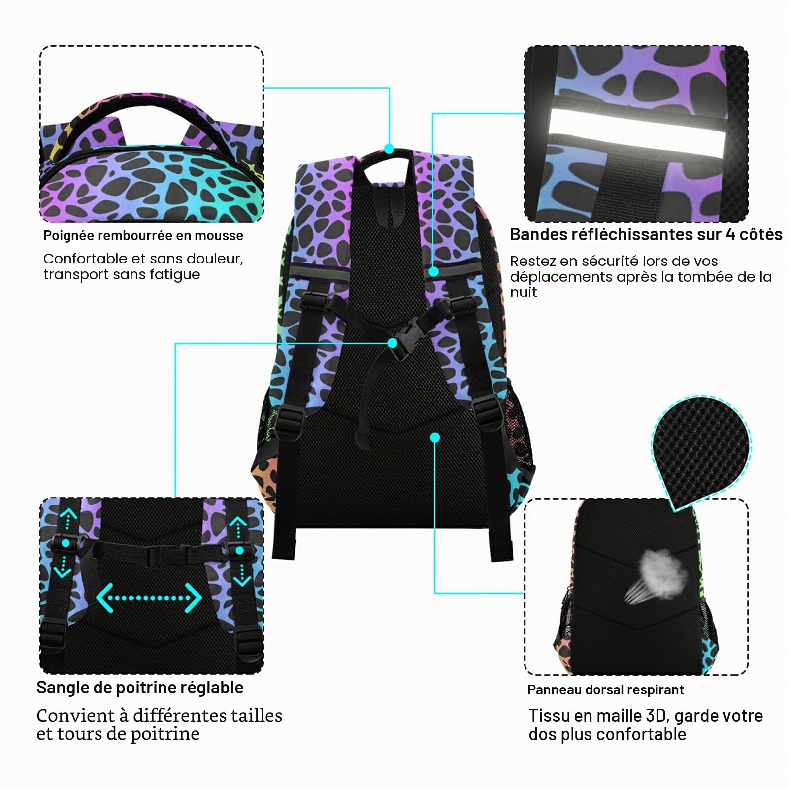 Sac à Dos Motif léopard Arc-en-Ciel pour étudiants, garçons, Filles, Sac d'école, Sac à Dos de Voyage