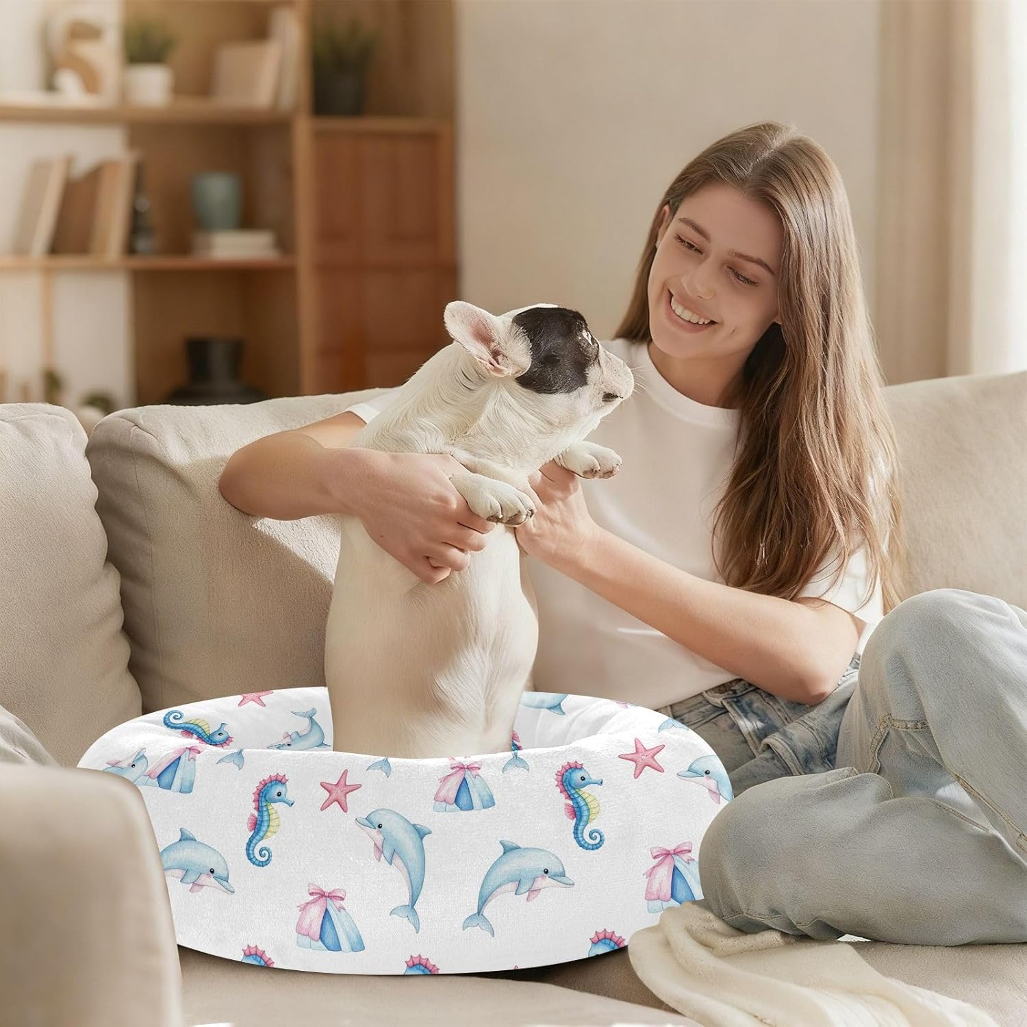 Underwater Dolphins Seahorses Pattern Dog Bed Round Donut Washable Puppy Cat Bed Small Pet Medium Dog Beds Mat for Small Medium Dogs Cats,M