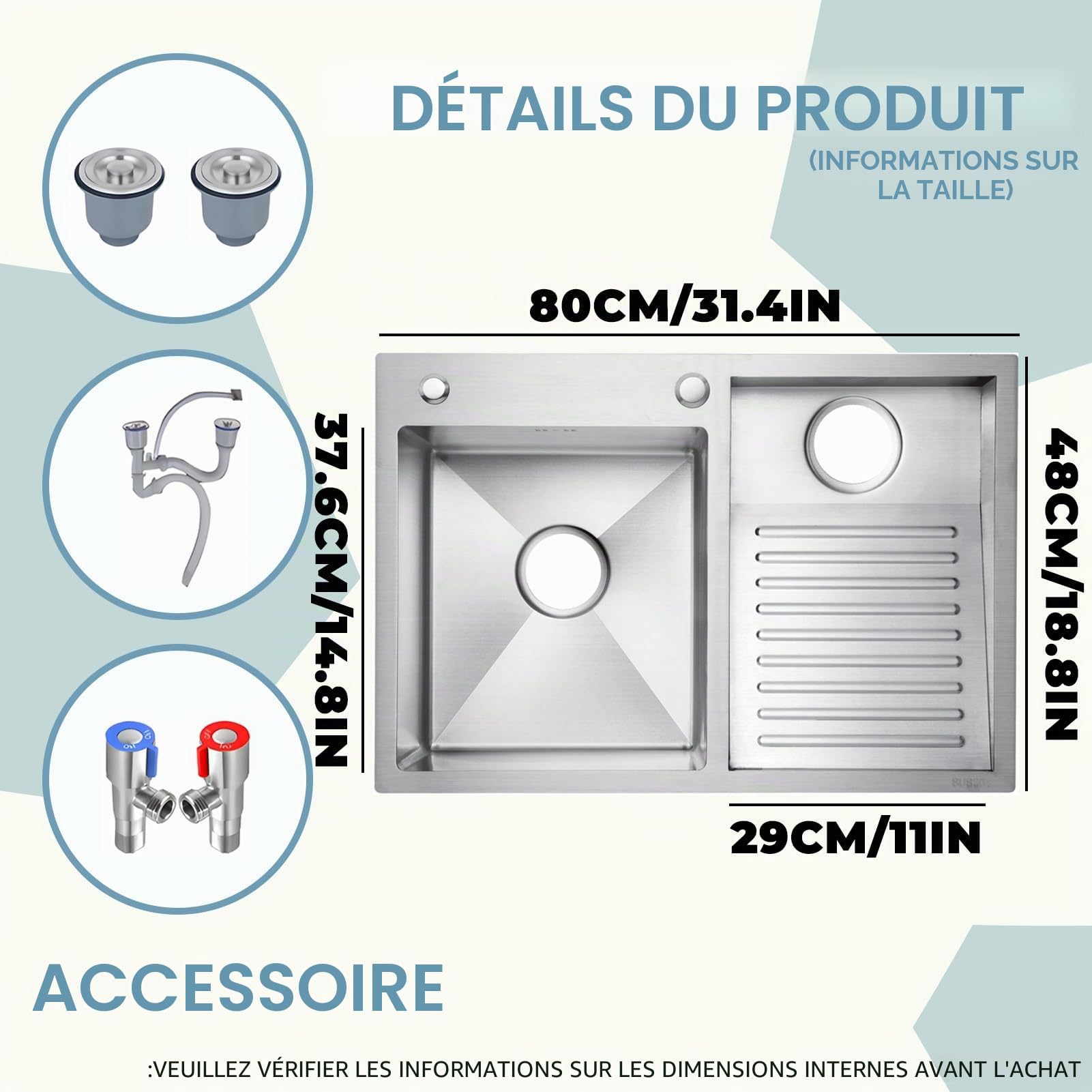 Évier Utilitaire En Acier Inoxydable SUS 304 - Double Cuve Avec Planche À Laver Intégrée Évier À Linge, Facile À Nettoyer, Pour Buanderie, Salle De Bain, Cuisine Et Garage(Silver-L,80x48cm)