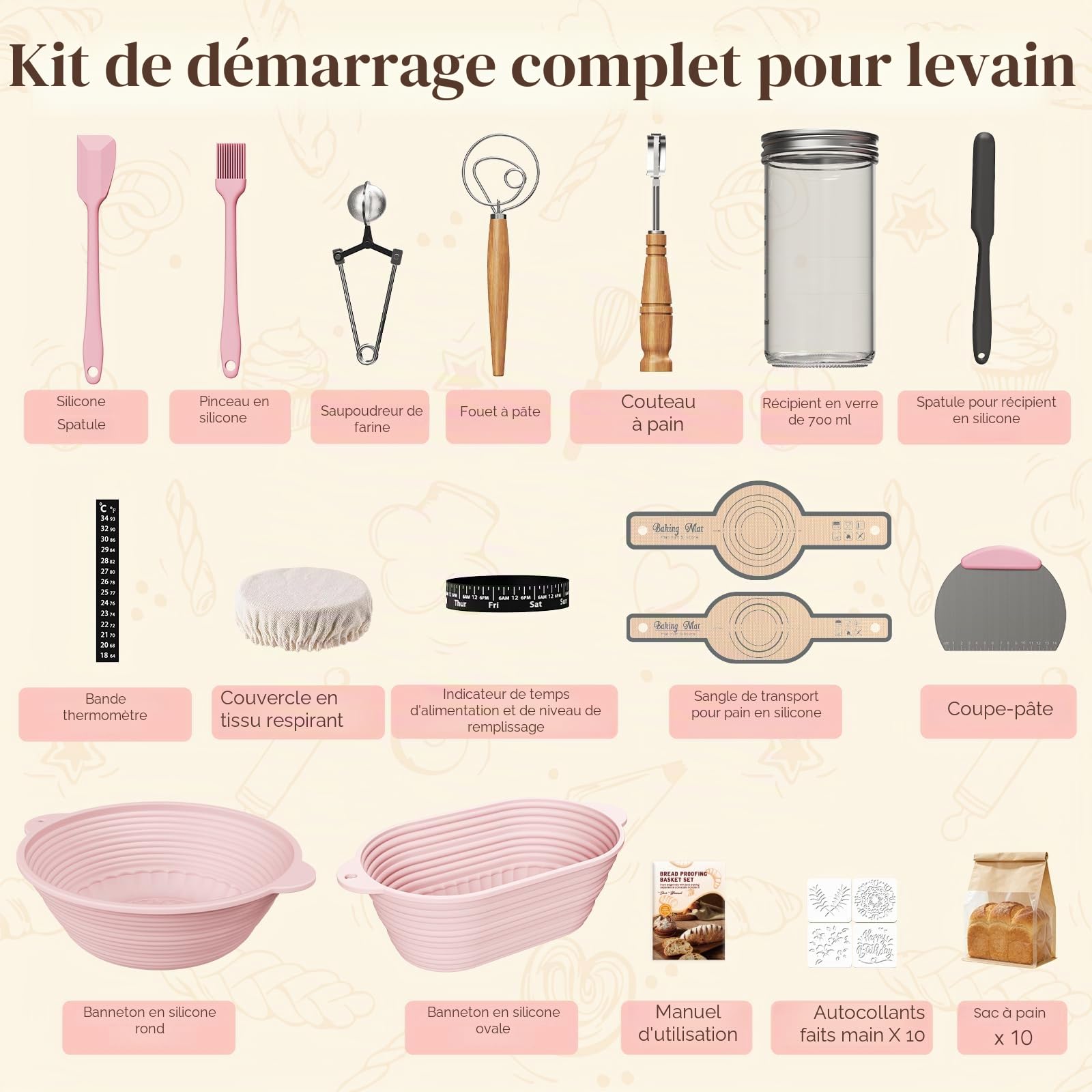 2 Banneton pour pain pliables en silicone, Kit de démarrage pour levain 12 pièces (29 cm ovale & 28 cm rond), bocal 730 ml, ensemble complet de cuisson, Débutants & boulangers expérimentés