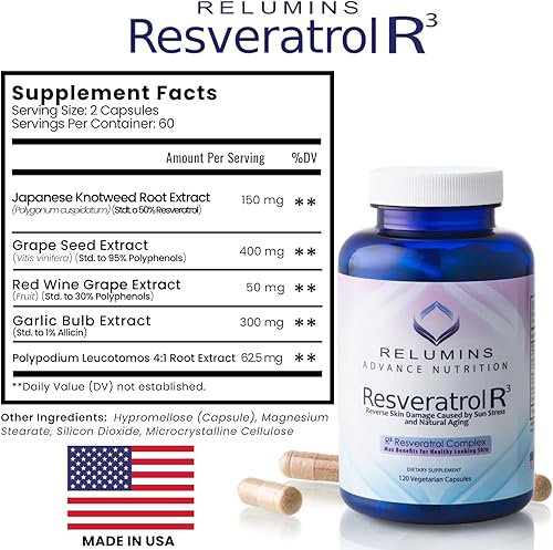 Miniatura 7 de Relumins Suplemento Resveratrol de 600 mg  Antioxidante de alta potencia con semilla de uva y extracto de vino tinto  Apoya la piel, la salud del