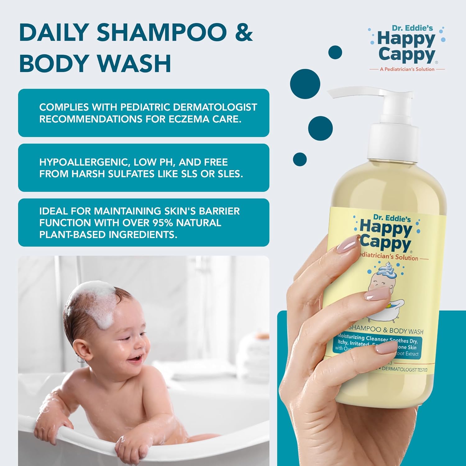 Happy Cappy Three Step Skincare Solution Bundle- Baby Dandruff Shampoo, Eczema Body Wash and Lotion for Kids & Toddlers, Moisturizing Cream, Reduces Itching, Dermatologist Tested, Fragrance-Free - Image 5