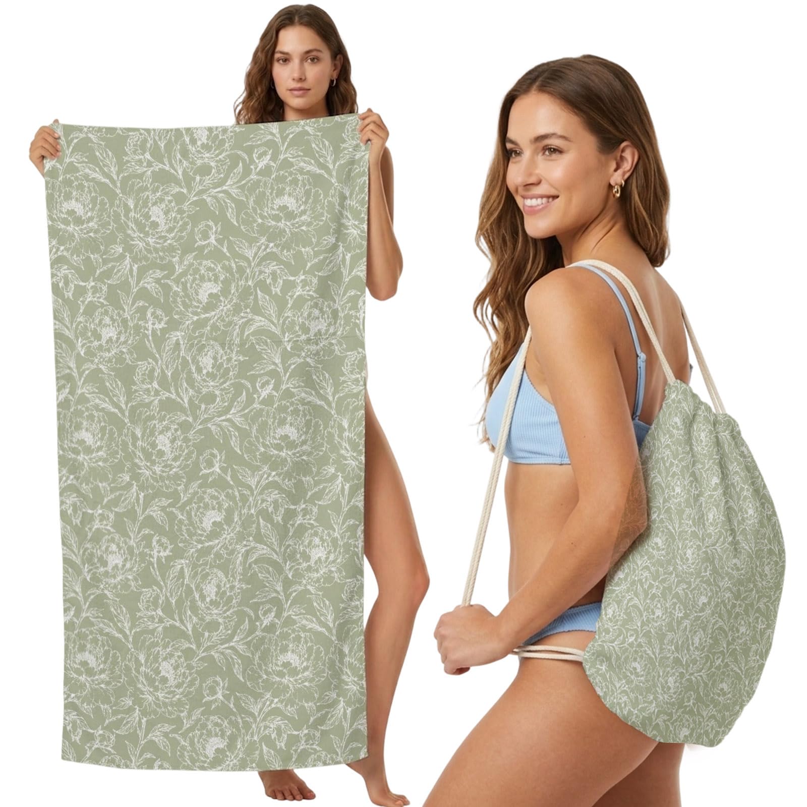 Beach Towel Bag 2 in 1 Sage Green Vines Bath Pool Towels Backpack Flower Pastel Leaves Absorbent Beach Towel Soft Quick Dry Lightweight Packable Towels Drawstring Bag for Travel Camping Sports Yoga