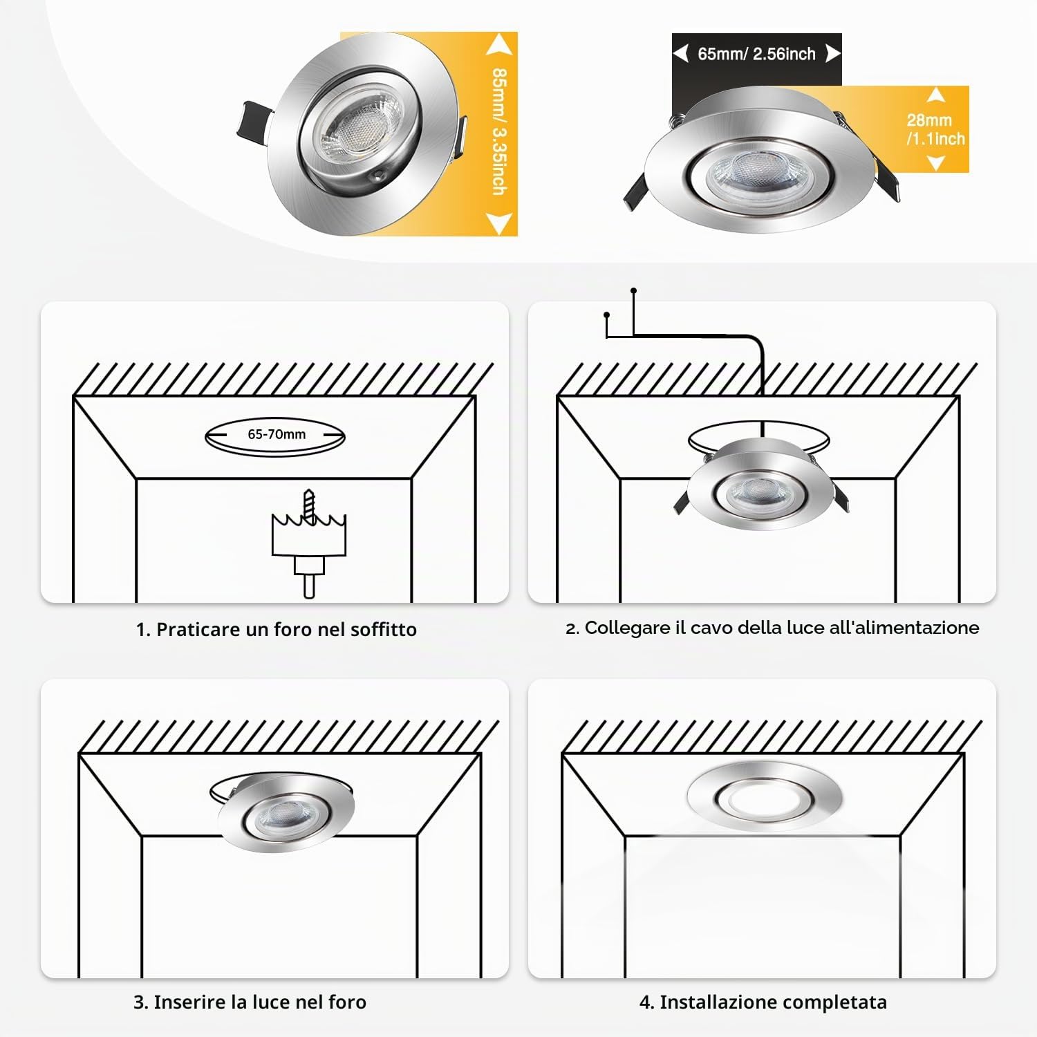 wowatt 10× Faretti LED da Incasso per Cartongesso Dimmerabili Luce Calda | 5.5W 2800K 600LM 230V Luci da Soffitto Interno IP44 Ultrasottili, Faretto led incasso Orientabili Spot Interno 68mm para Baño